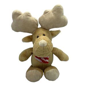 Kinder Moose Plush Stuffed Animal Toy Antlers 13" Beige Red Christmas Scarf